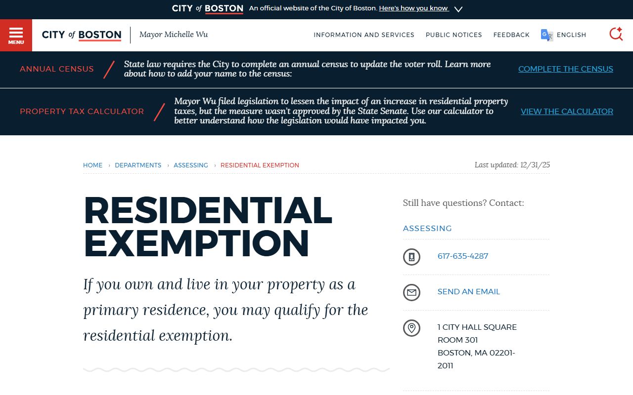 Boston residential exemption page for Boston property tax records