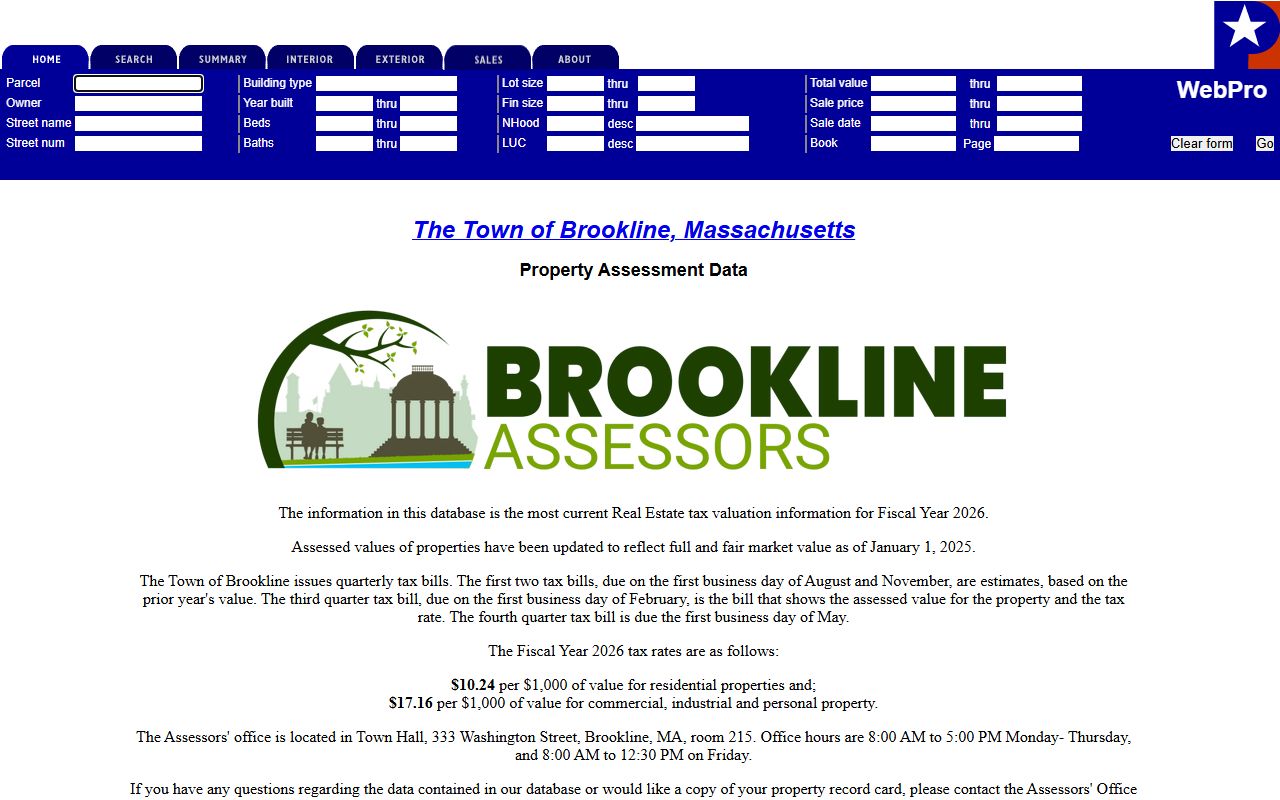 Brookline Patriot Properties search portal for Brookline property tax records