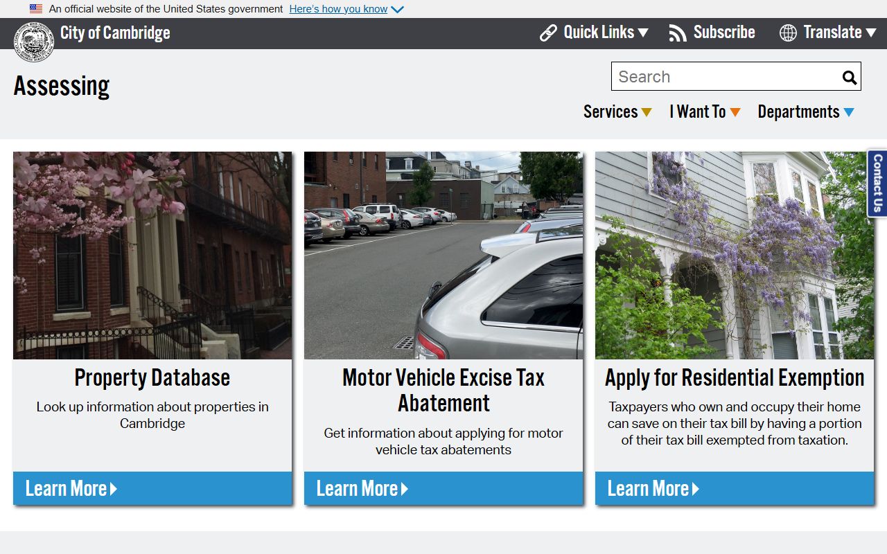Cambridge Assessing Department page for Cambridge property tax records