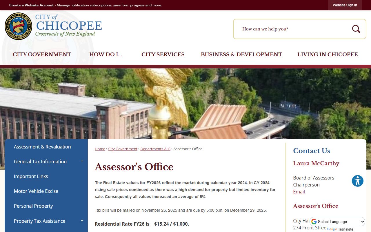 Chicopee property tax records assessors office webpage