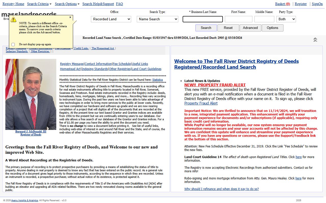 Fall River Registry of Deeds search for Fall River property tax records