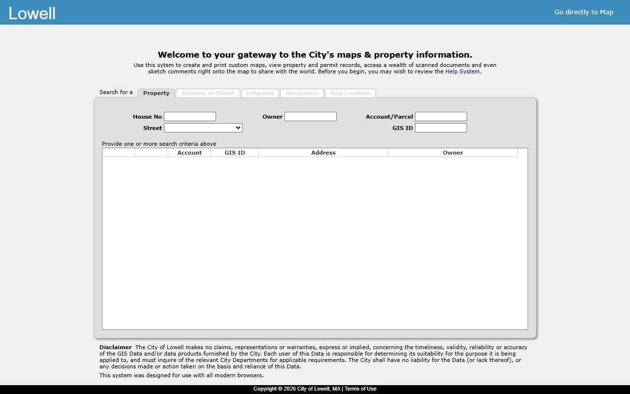 Lowell GIS property search portal for Lowell property tax records