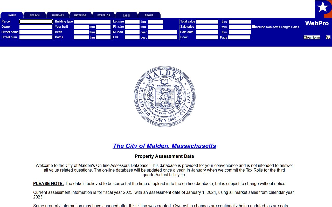 Malden Patriot Properties portal for searching Malden property tax records