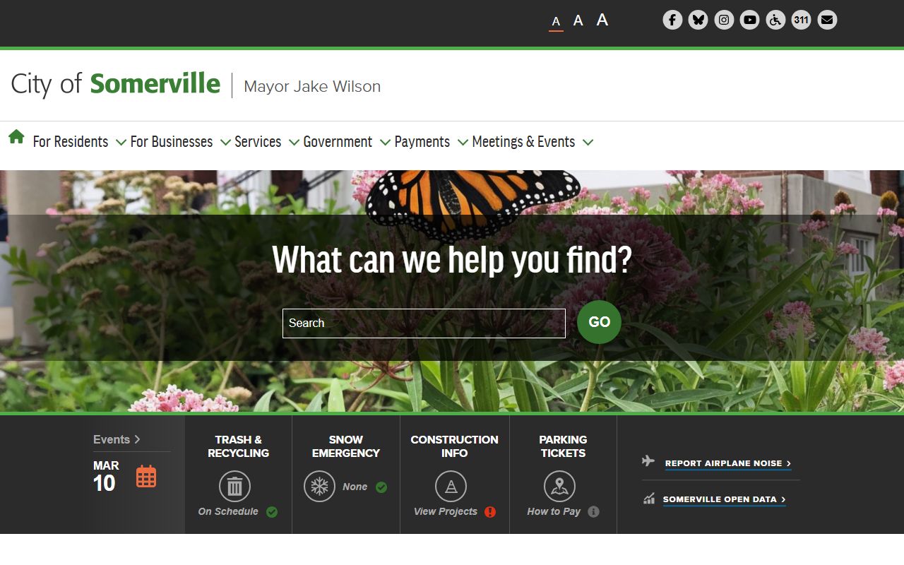 Somerville city website showing links to property tax records and city services