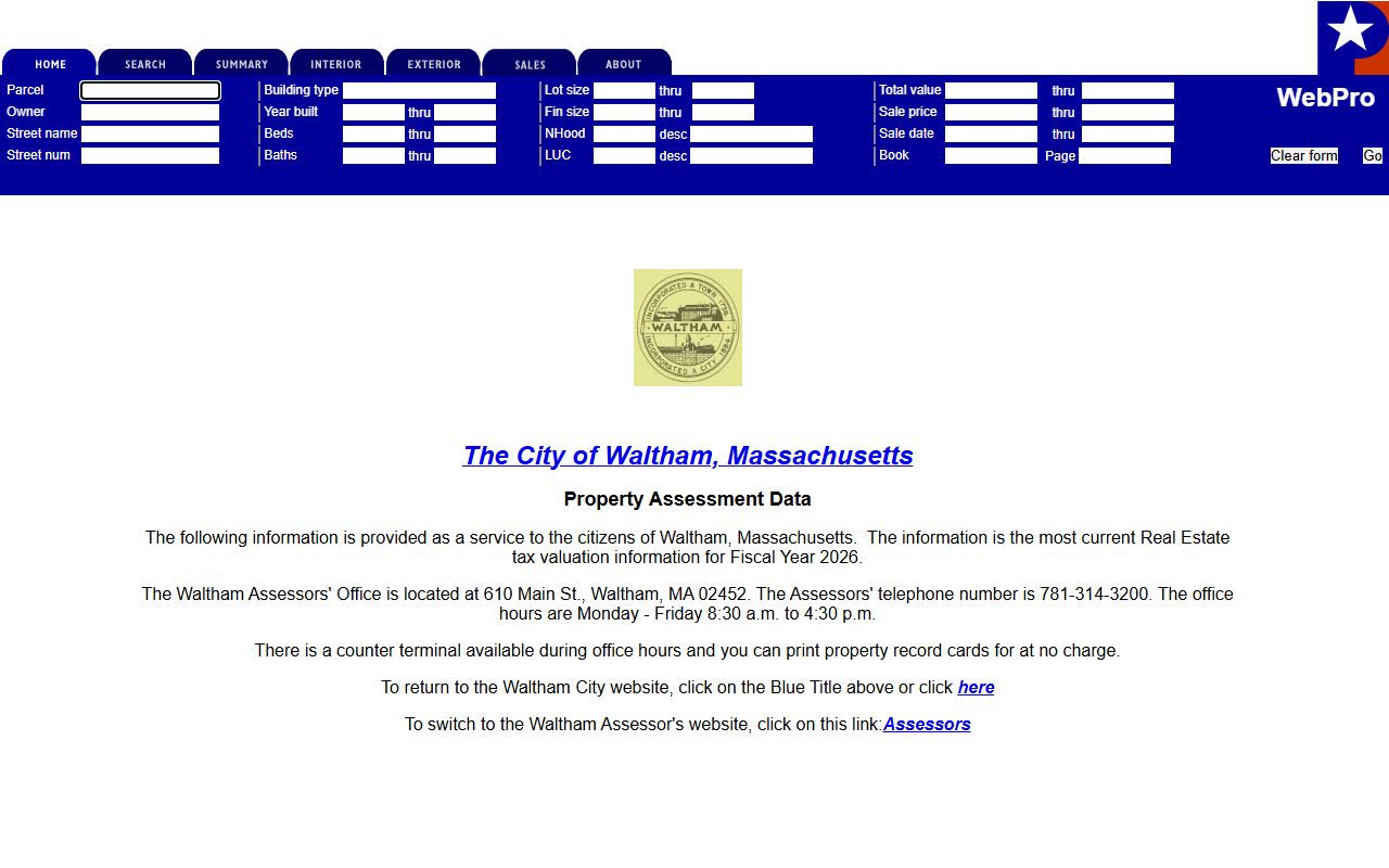 Waltham Patriot Properties search portal for Waltham property tax records
