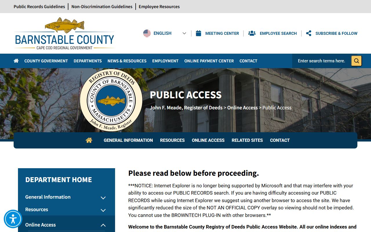 Barnstable County Registry public access page for property tax record searches