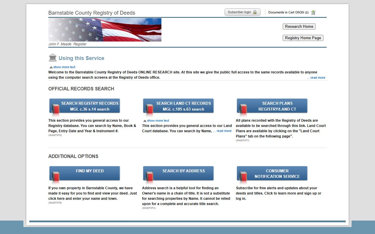 Barnstable County Registry search portal for Cape Cod property tax records