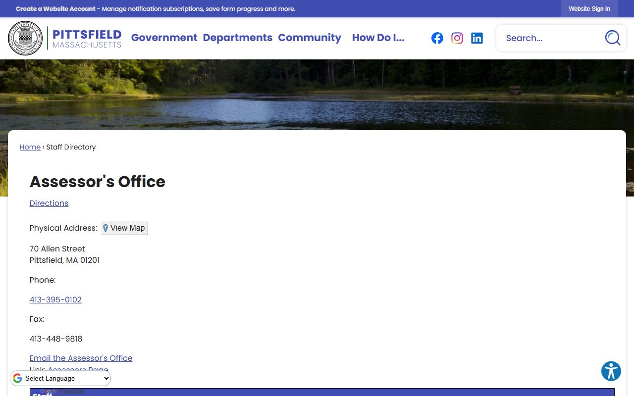 Pittsfield Assessor office directory for Berkshire County property tax records