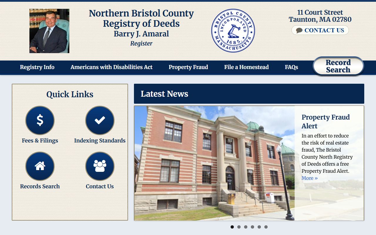 Northern Bristol County Registry of Deeds website for property tax records in Taunton