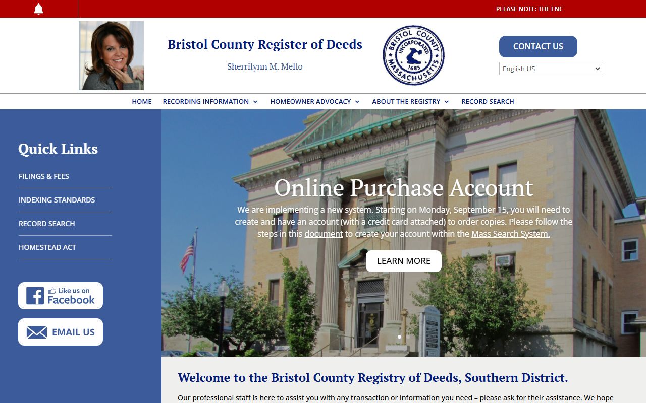 Southern Bristol County Registry of Deeds in New Bedford for property tax records