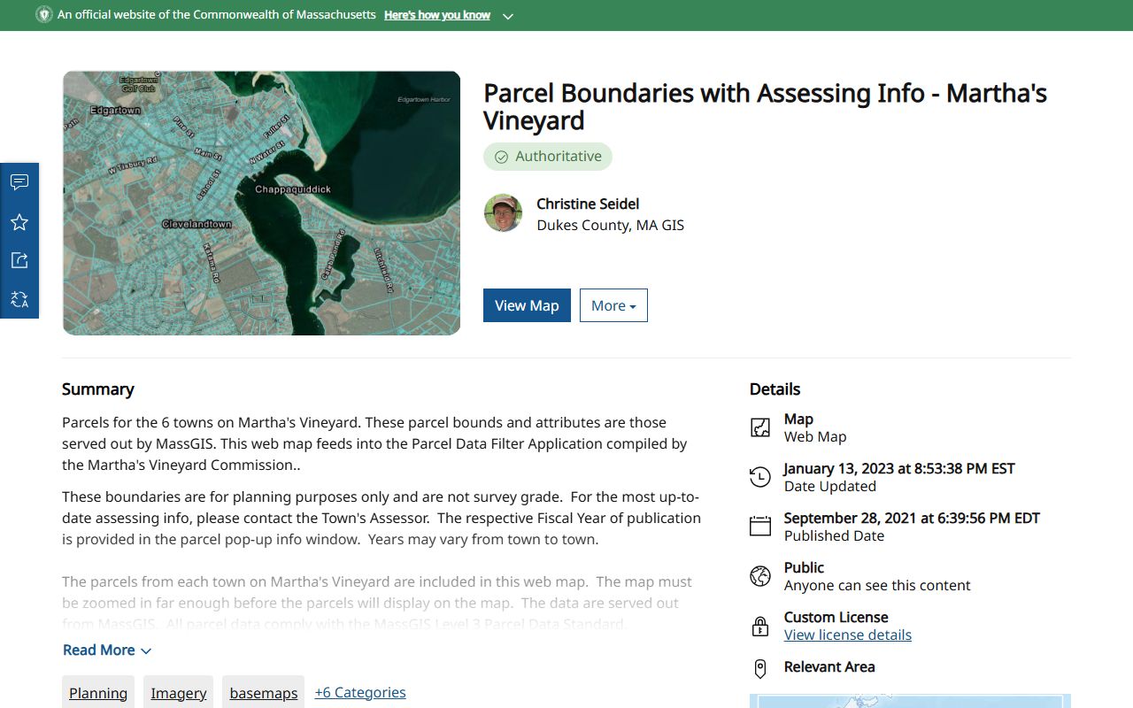 Dukes County GIS parcel map for property tax records on Martha's Vineyard