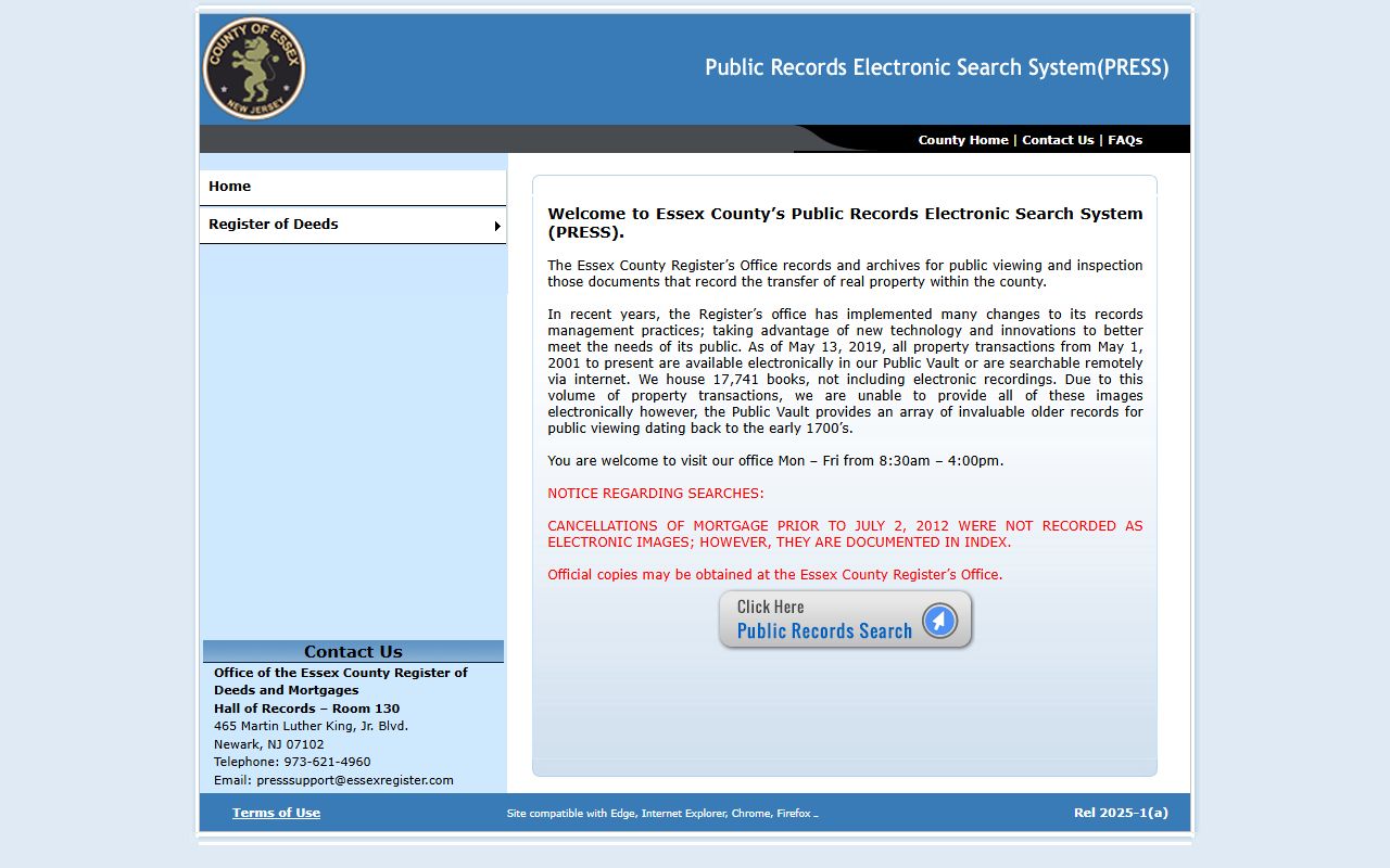 Essex County PRESS system search portal for property tax records