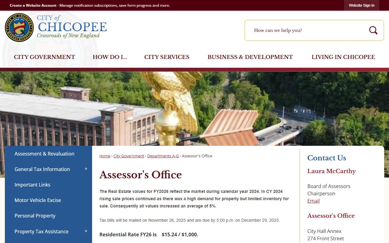 Chicopee Massachusetts Assessors Office website for Hampden County property tax records