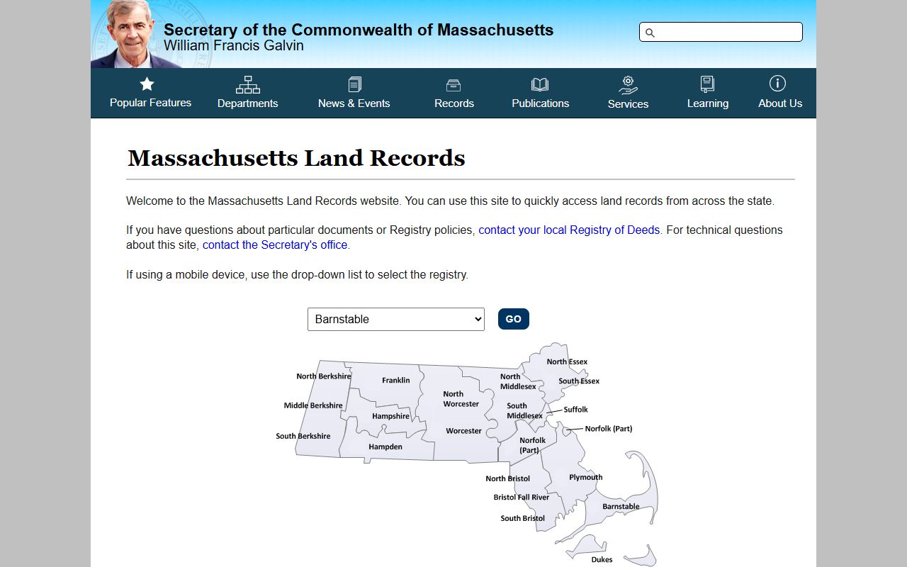 MassLandRecords portal showing Hampden County property tax records and deed search