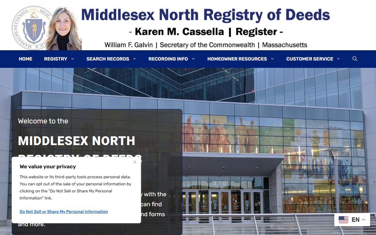 Middlesex North Registry of Deeds website for property records in Lowell Massachusetts