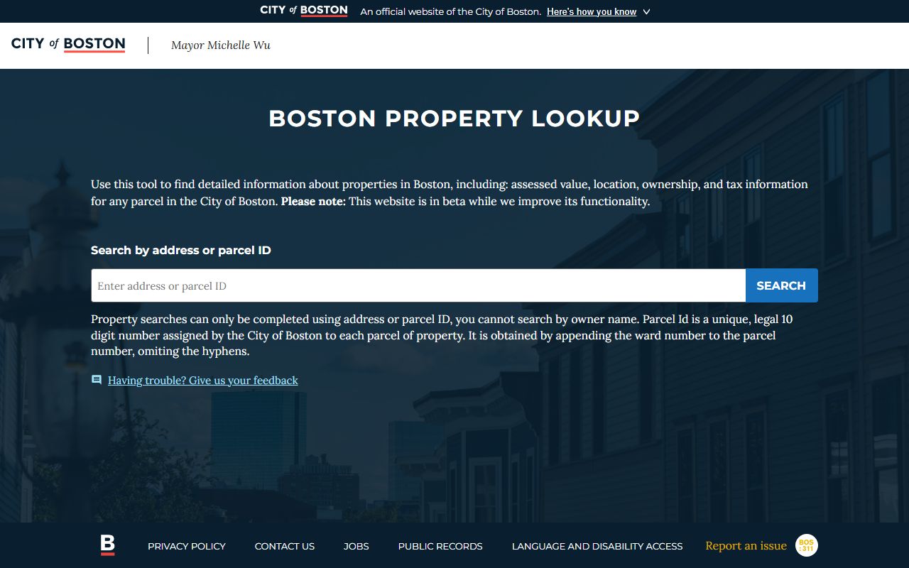 Boston property lookup tool for Suffolk County property tax records