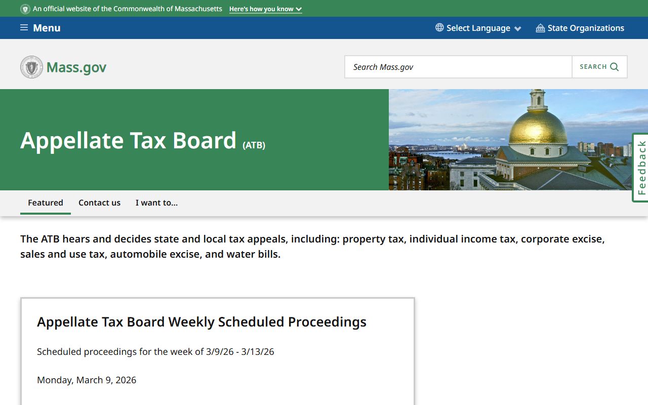 Massachusetts Appellate Tax Board homepage showing property tax appeal information