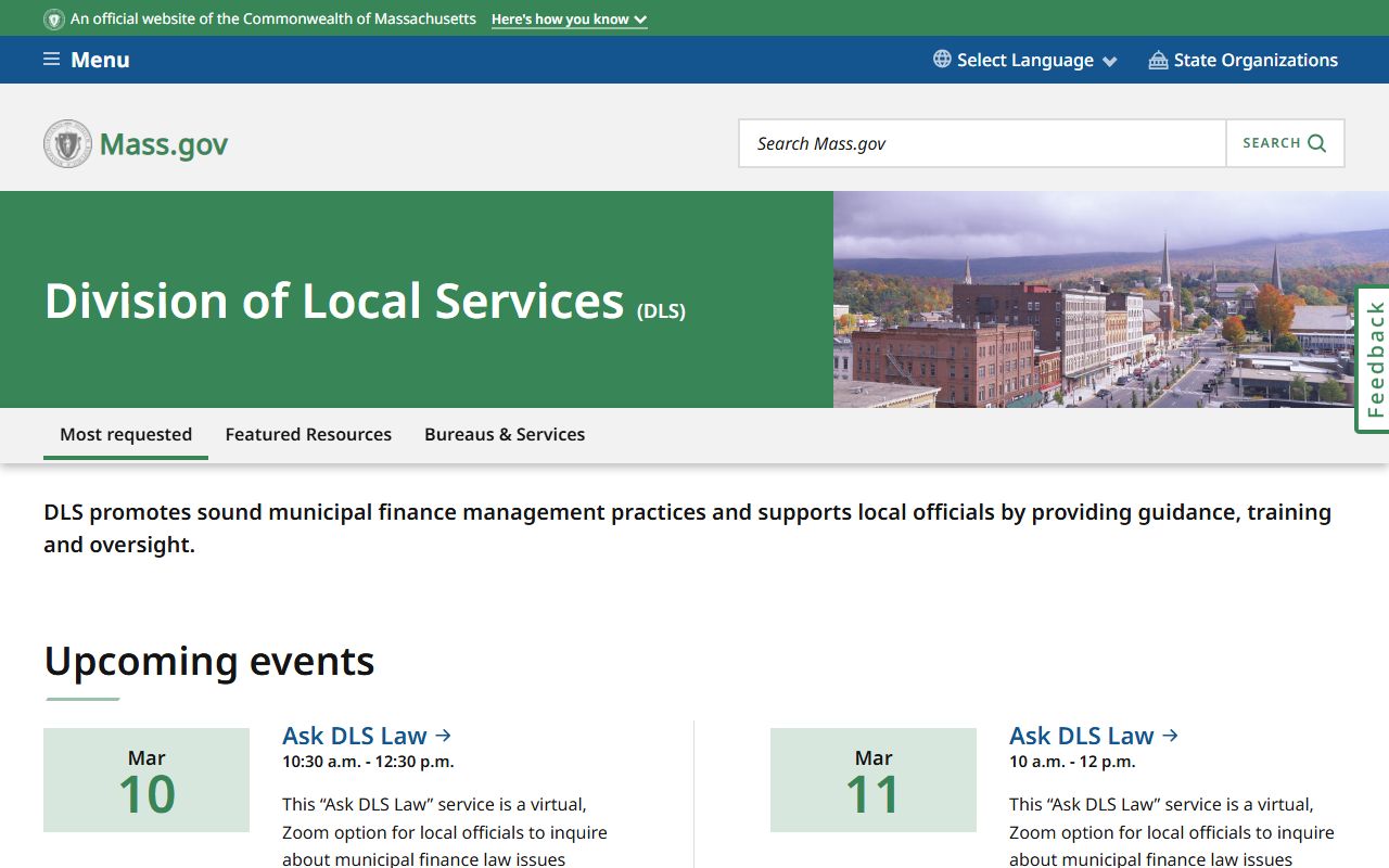 Massachusetts Division of Local Services homepage with property tax records and resources