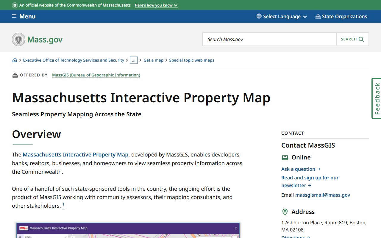 Massachusetts Interactive Property Map showing parcel boundaries and property tax assessment data