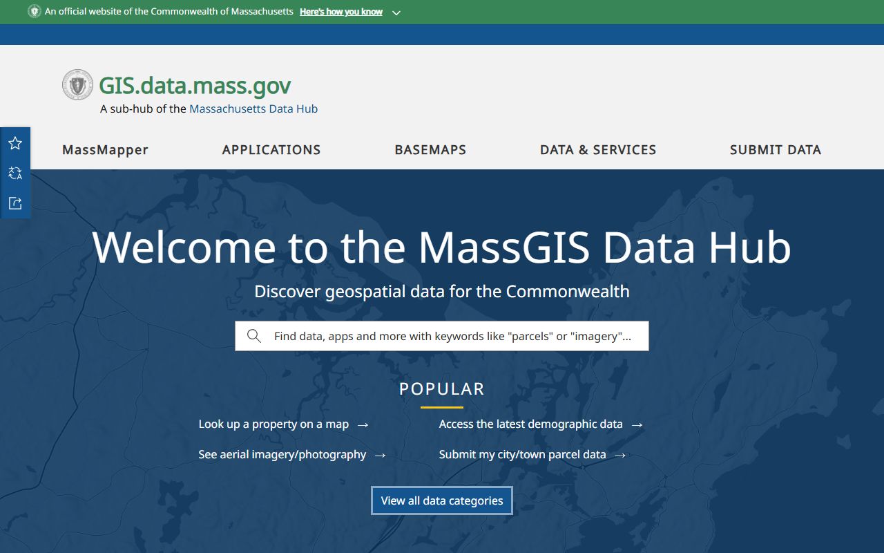 MassGIS Data Hub showing Massachusetts property tax parcel data downloads