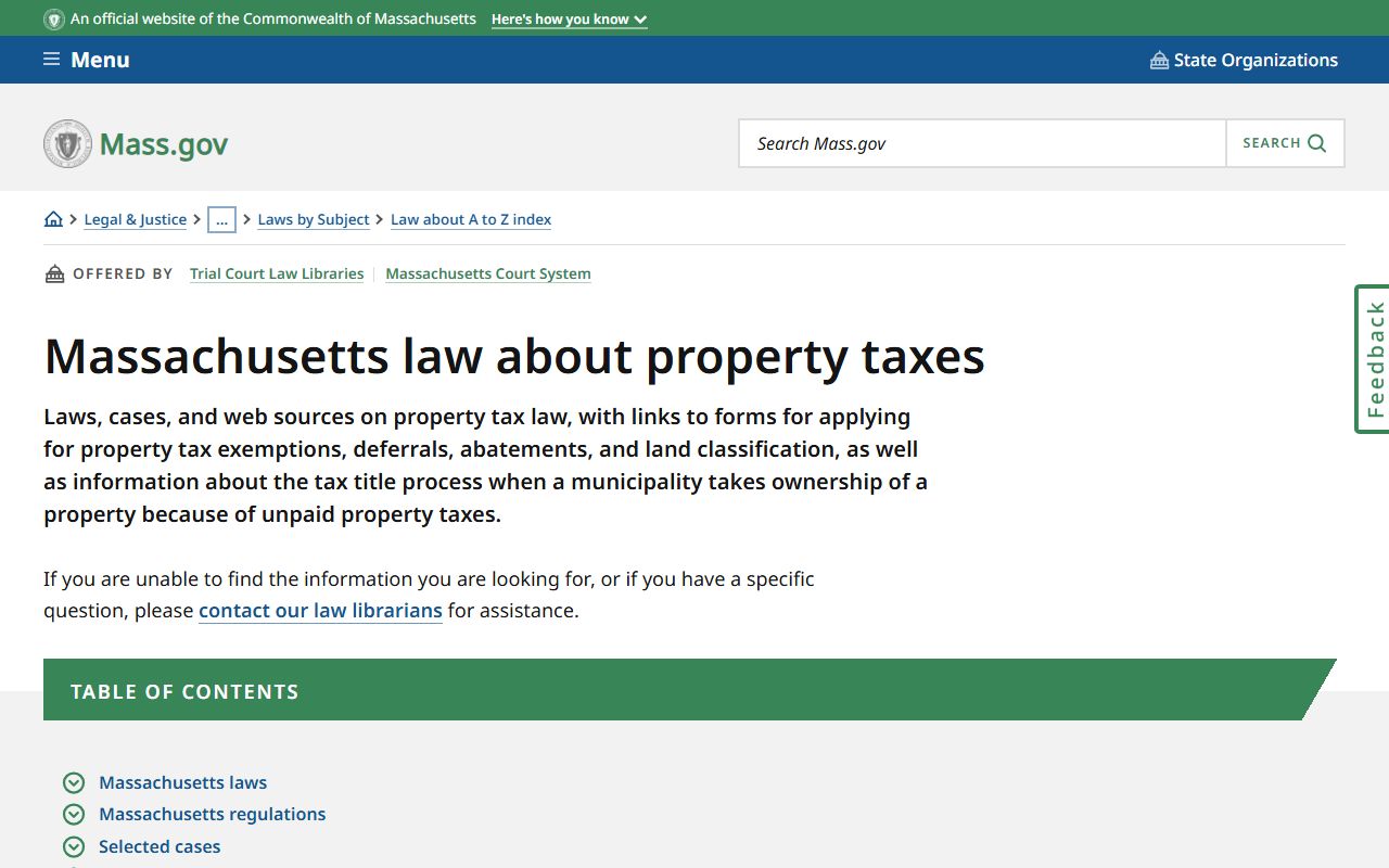 Massachusetts property tax laws page on mass.gov showing statutes and guides