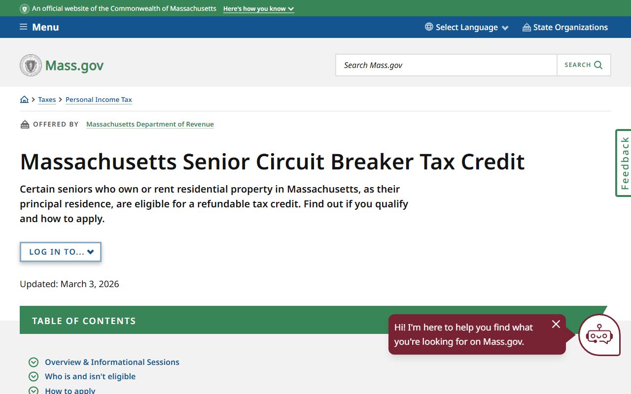 Massachusetts Senior Circuit Breaker Tax Credit program page on mass.gov