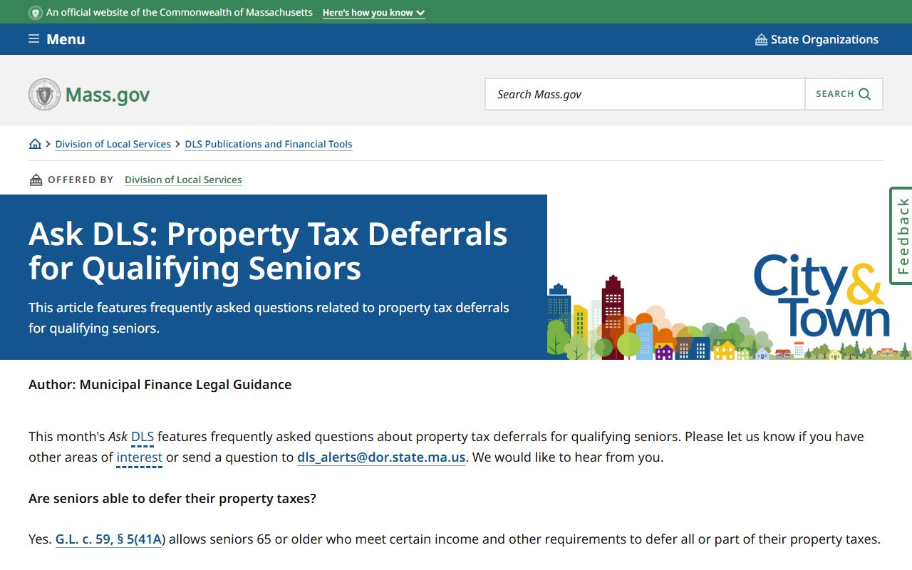 Massachusetts property tax deferral FAQ for qualifying seniors from the Division of Local Services